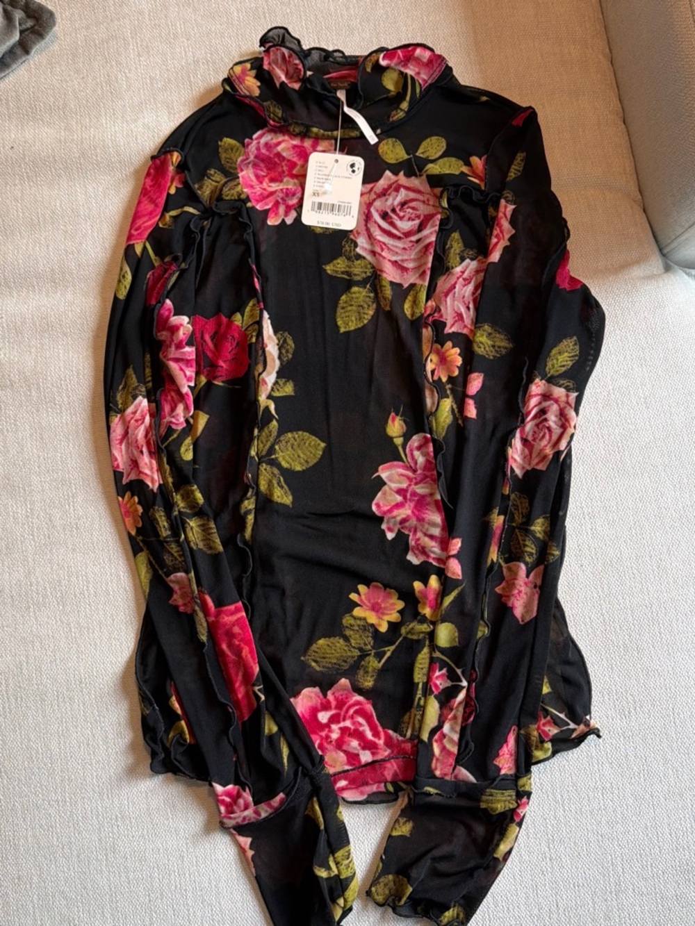 Free People Black Long Sleeve Mock-Neck Top with Pink Rose Print